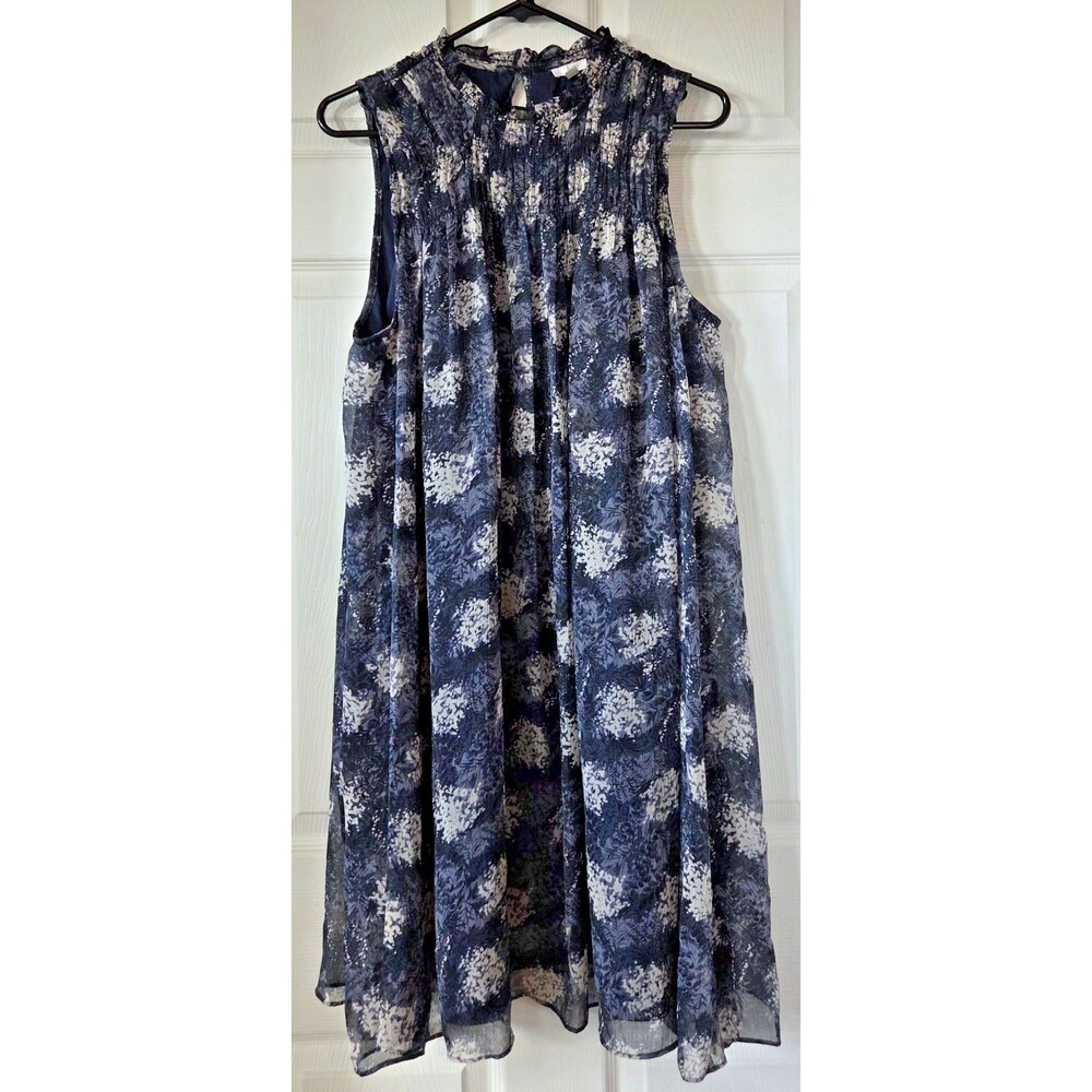 JOIE Navy Blue Floral Swing Dress Sleeveless Smocked Flowy Whimsy Women's Size L